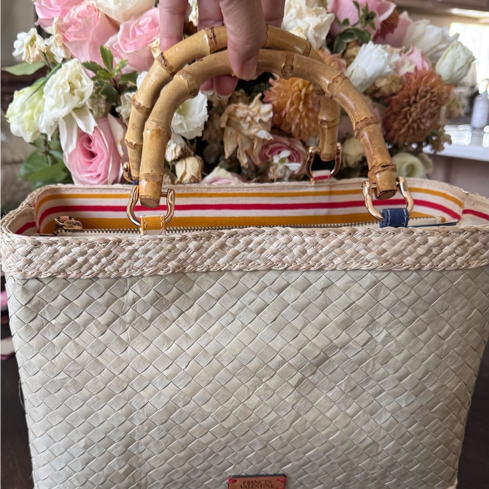 Frances Valentine Bamboo Handle Woven Tote Bag – Striped Interior - Picture 2 of 12